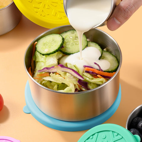 Homotte container next to a hand and scale showing accurate size and portion control