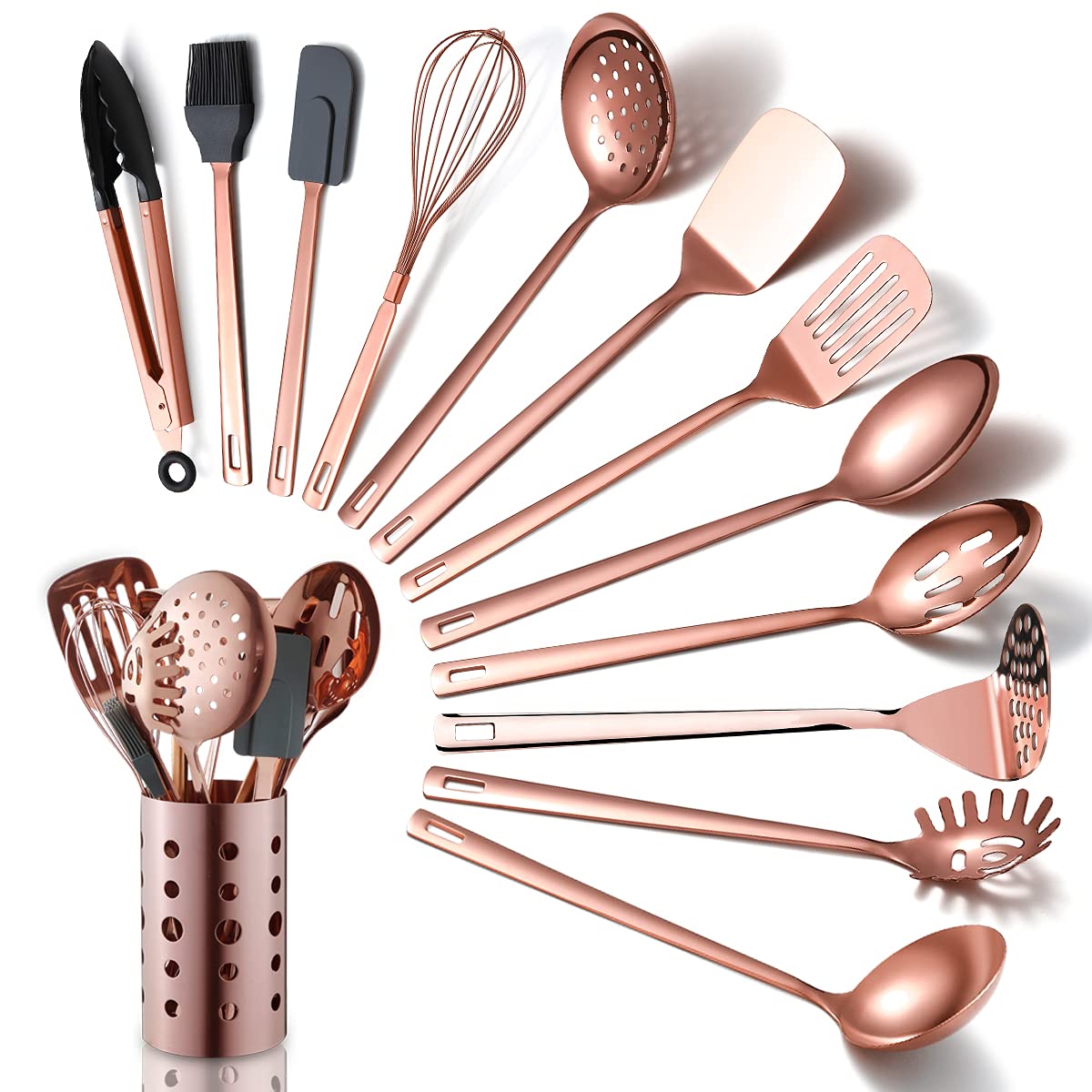 HOMQUEN front view of set with holder showing complete 13-piece collection and storage benefit