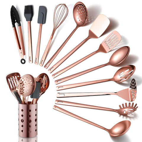 HOMQUEN front view of set with holder showing complete 13-piece collection and storage benefit