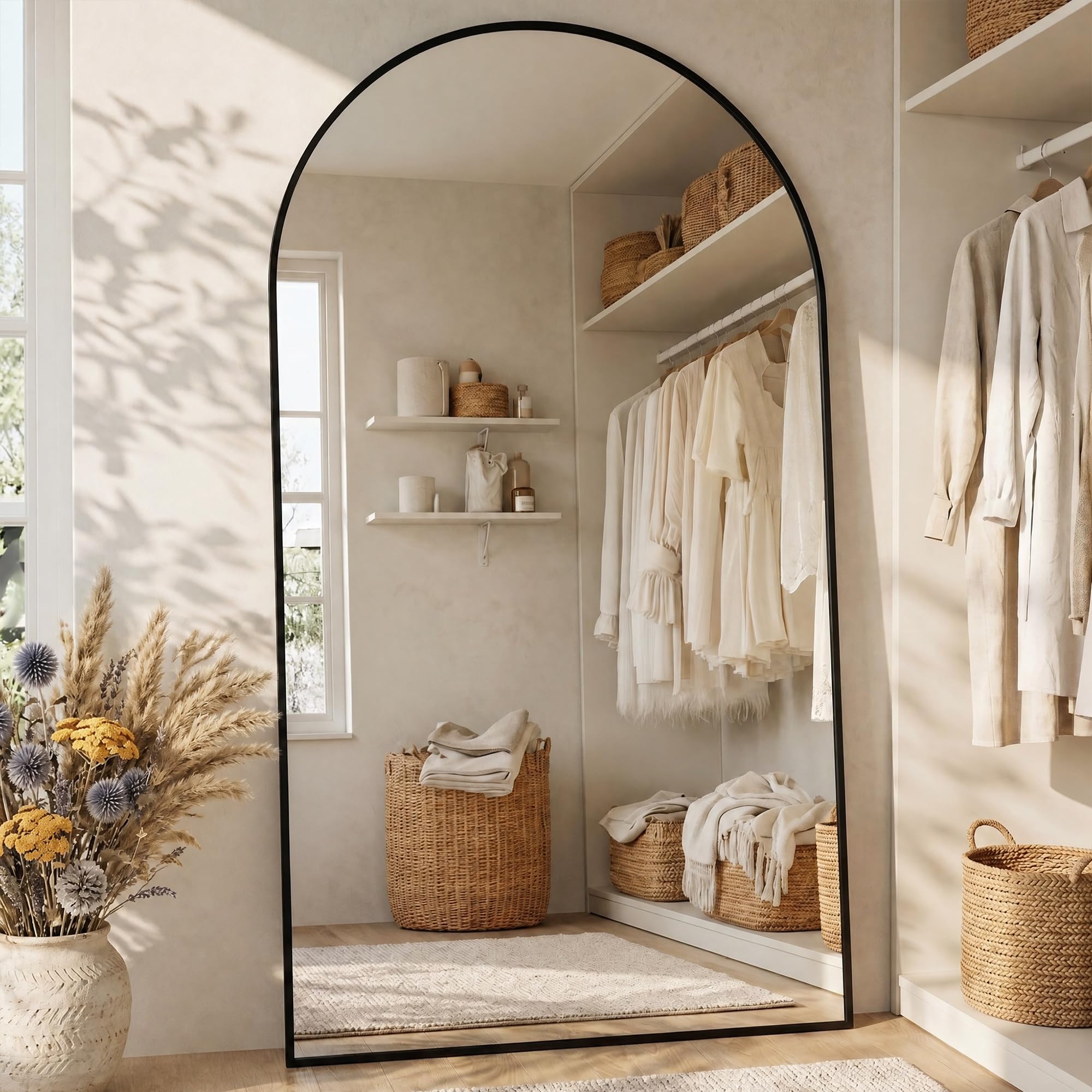 Homsion mirror leaned against wall in hallway, easy repositioning benefit