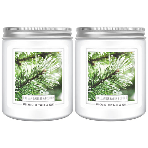 Homsolver front view of two balsam fir jar candles showing clean design and easy placement