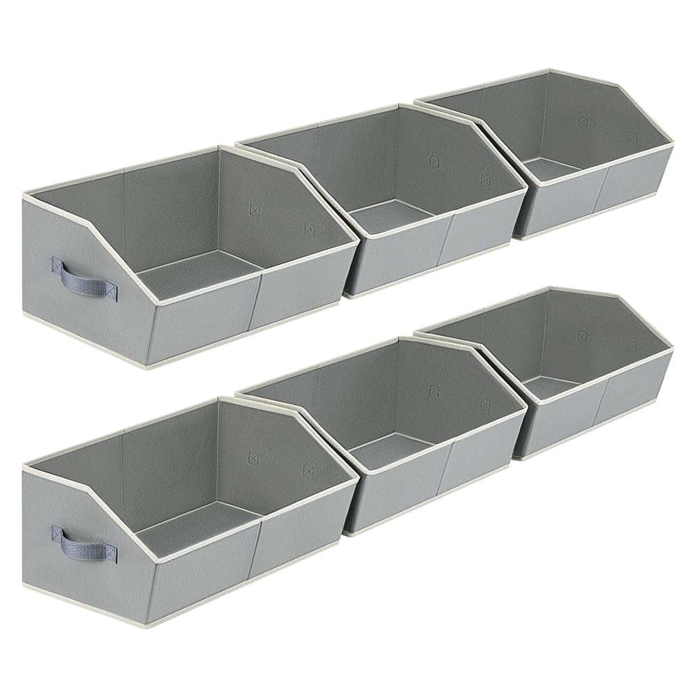 Homsorout front view of six grey bins showing neat shelf organization and easy access