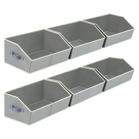 Homsorout front view of six grey bins showing neat shelf organization and easy access