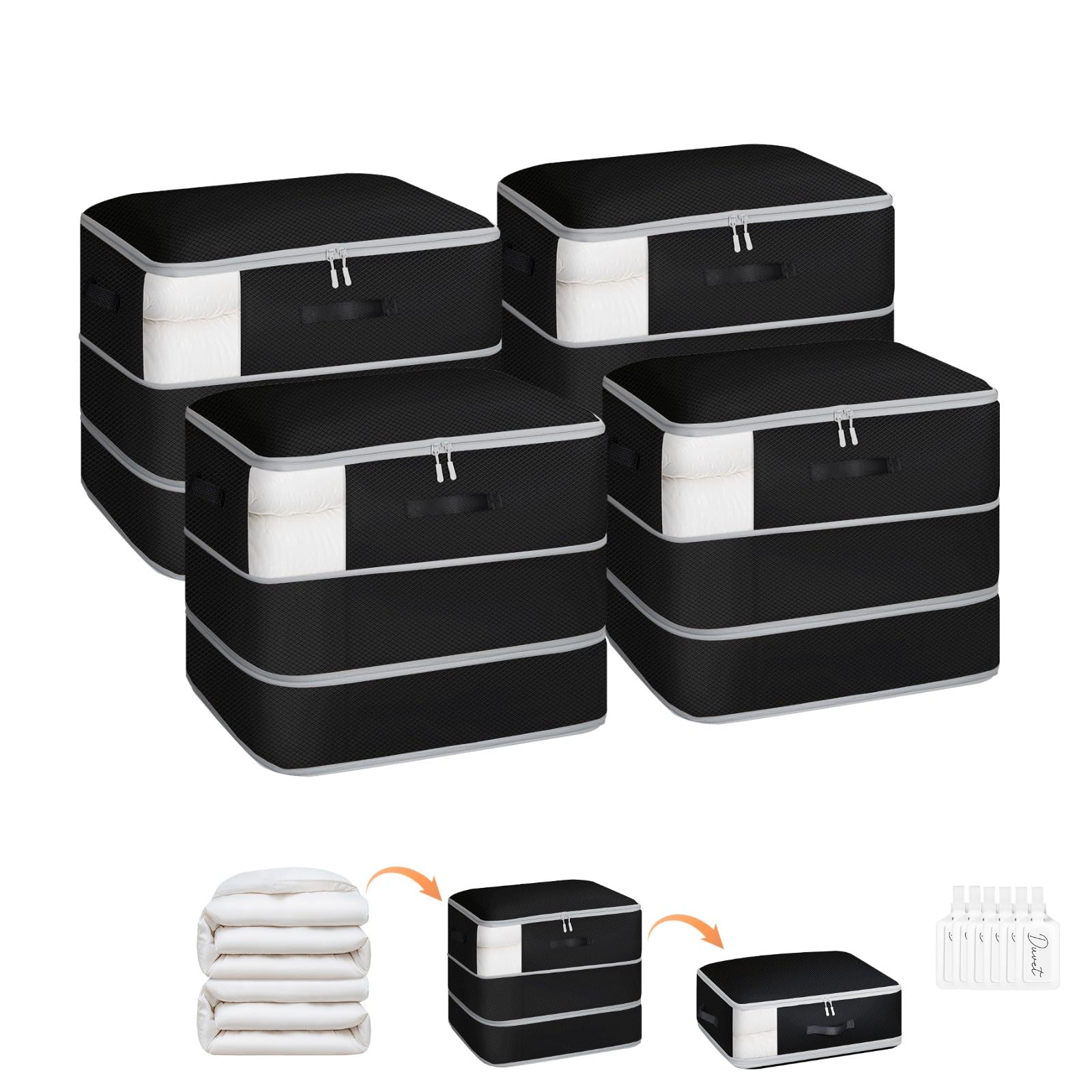 Homsorout front view of four packed compression bags showing size and color benefit
