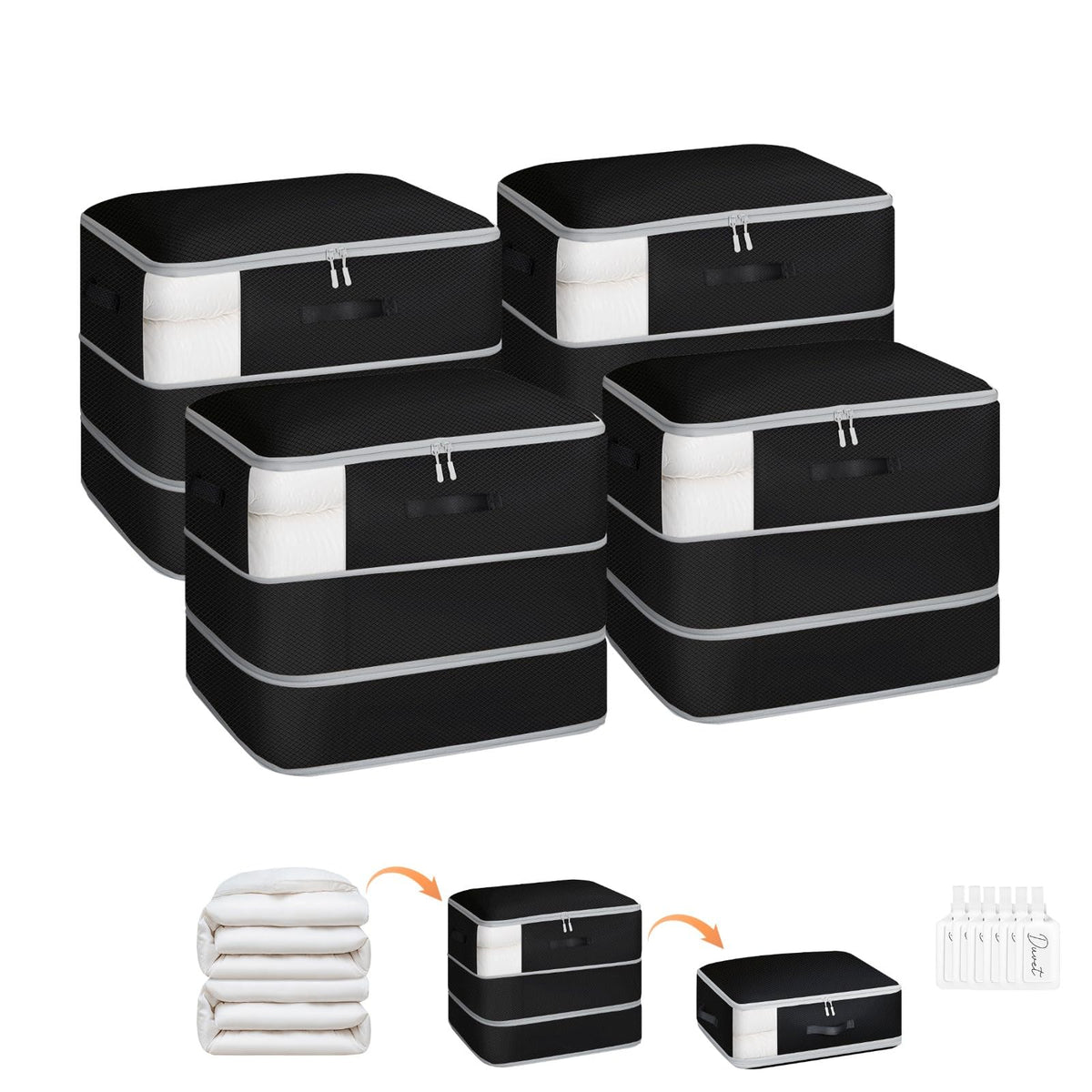 Homsorout front view of four packed compression bags showing size and color benefit