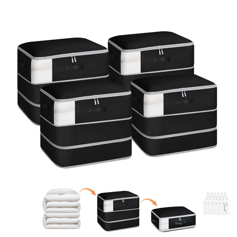 Homsorout front view of four packed compression bags showing size and color benefit
