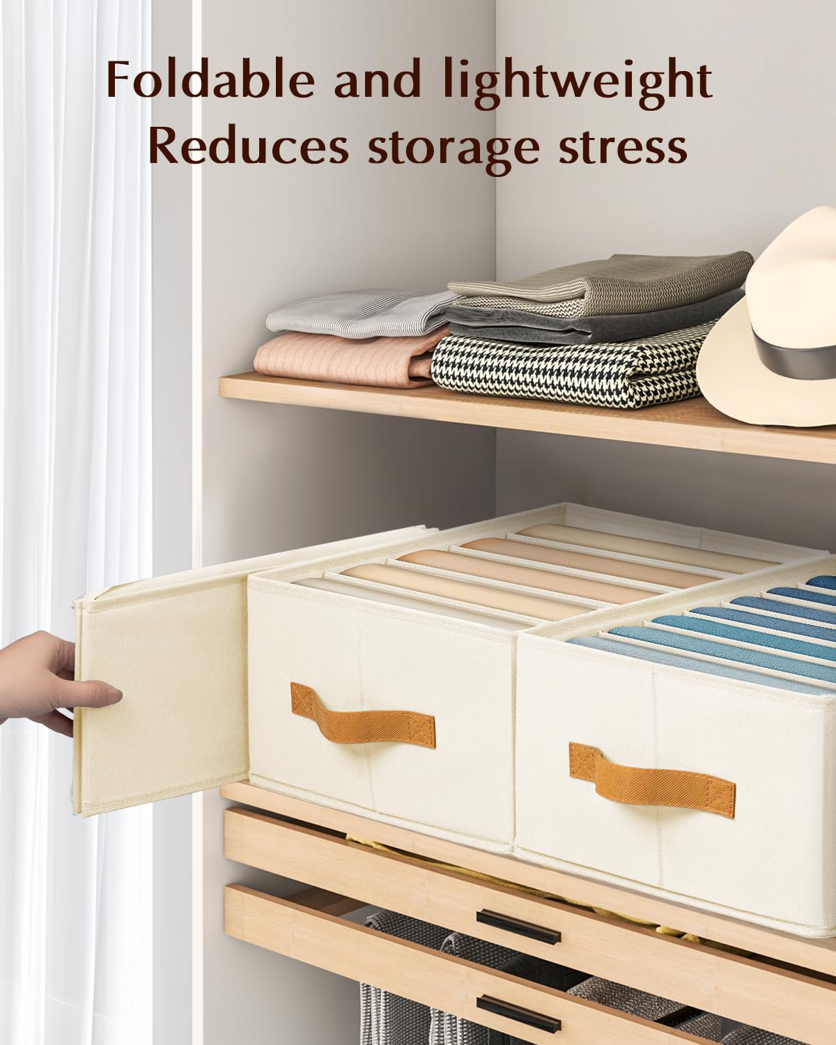 Homsorout organizers stacked on closet shelf showing space-saving benefit