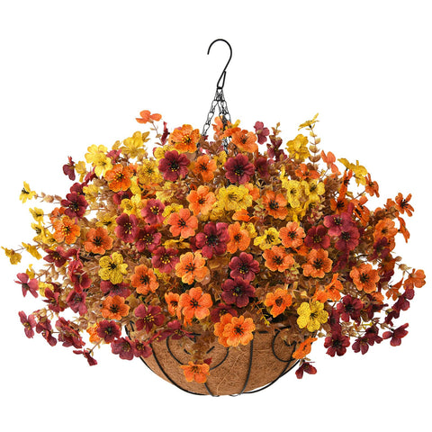Homsunny front view of assembled fall hanging basket showing full seasonal display