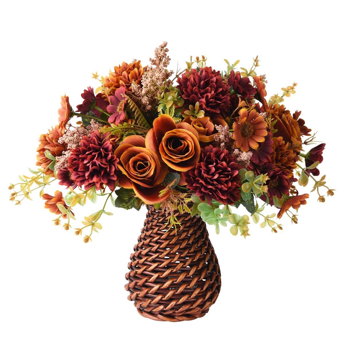 Homsunny front view bouquet shows lifelike silk roses and natural rattan vase for instant decor