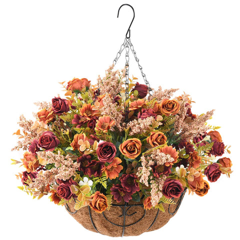 Homsunny front view hanging basket showing full autumn arrangement and curb appeal