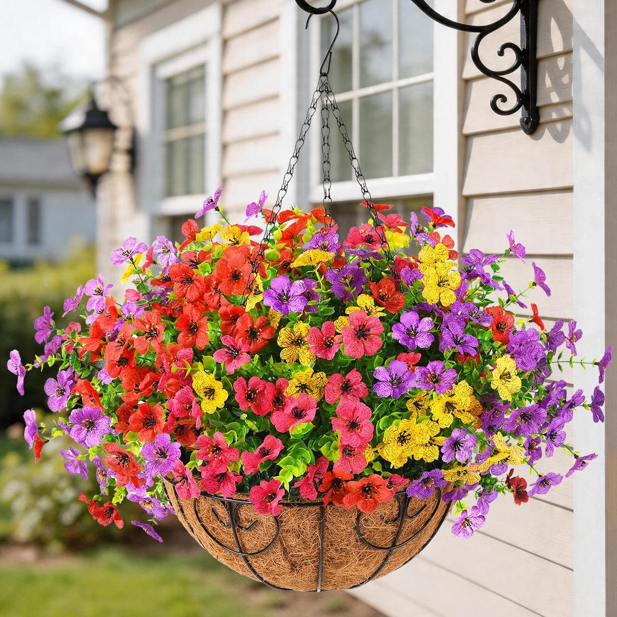 Homsunny front view of hanging flower basket showing full colorful display and curb appeal