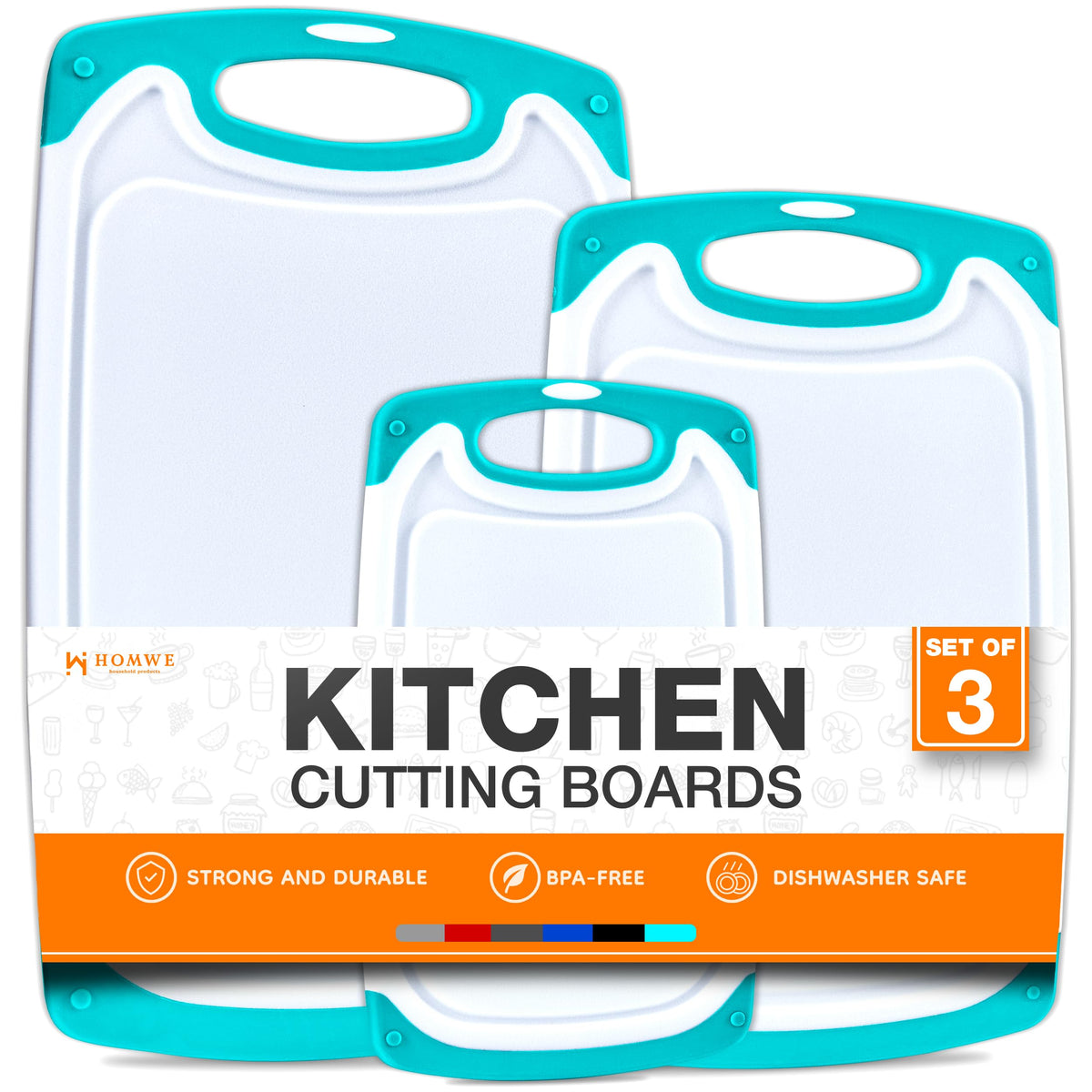 HOMWE front packaging showing three aqua cutting boards and benefits