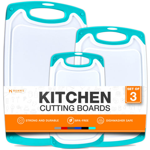 HOMWE front packaging showing three aqua cutting boards and benefits