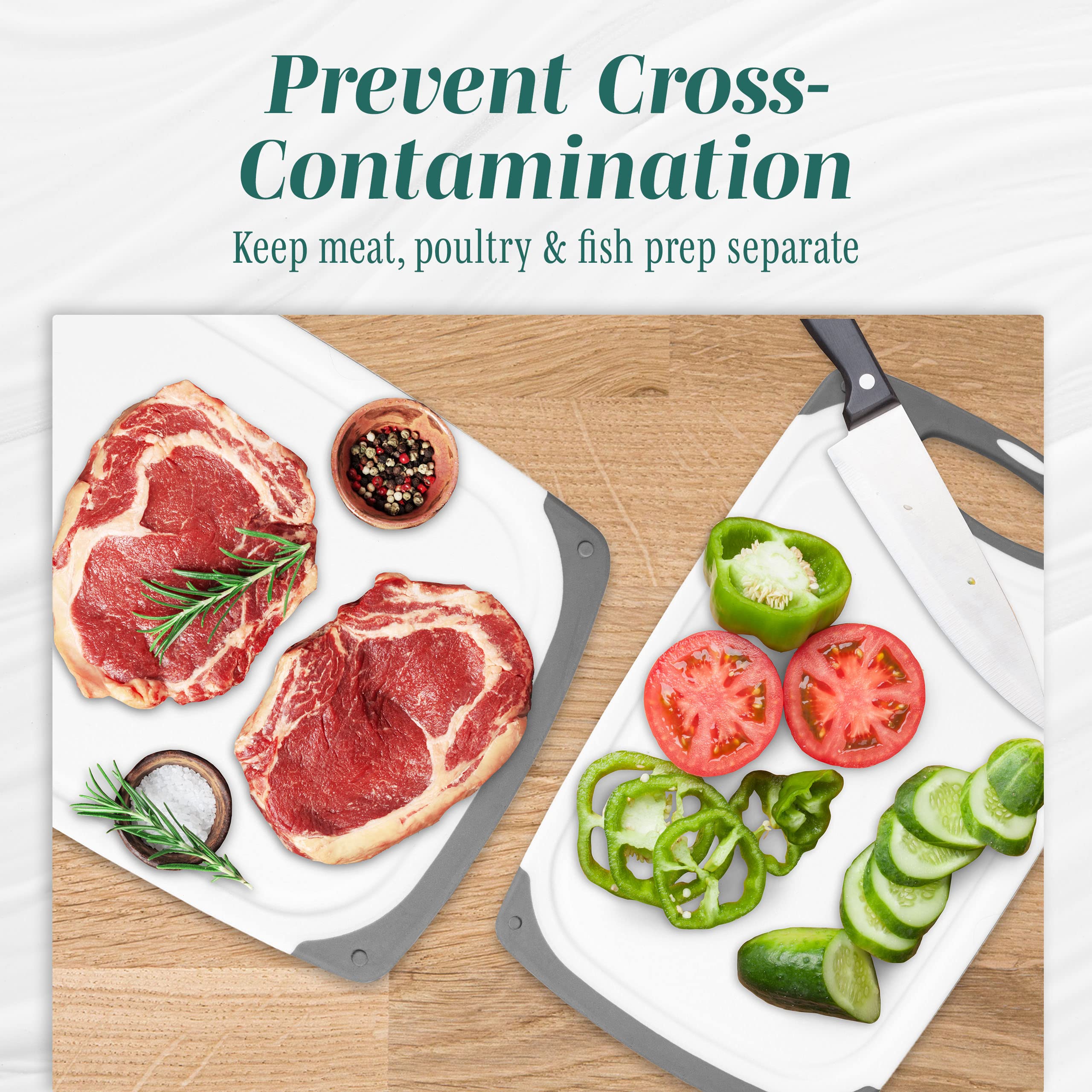 HOMWE cutting board with raw meat showing safe dedicated surface use