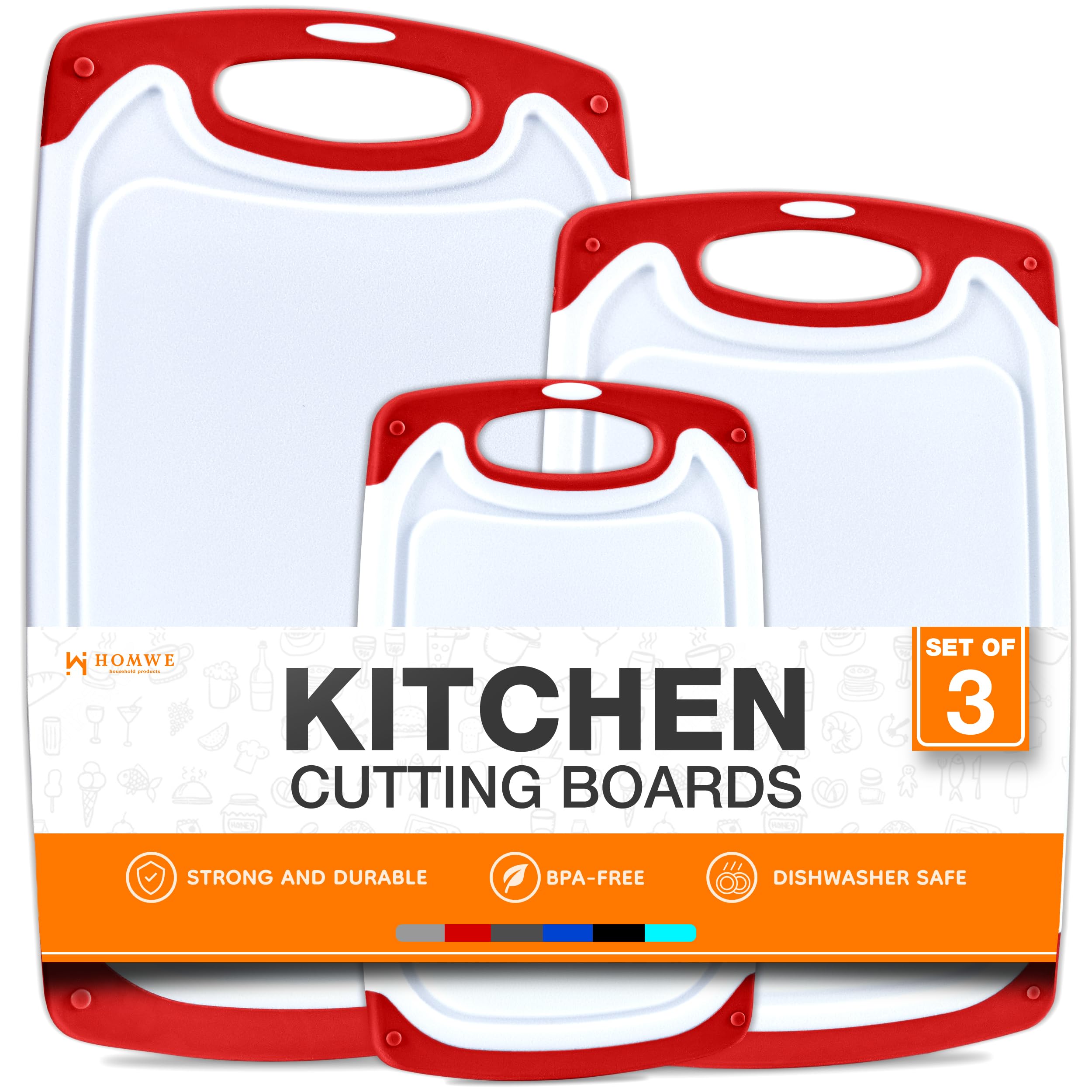 HOMWE front packaging showing three red cutting boards and contents benefit