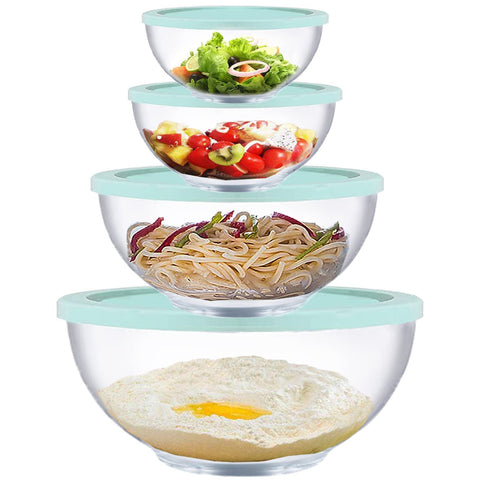 Homwin front view of full 8-piece bowl set with lids showing clear glass and neat packaging benefit storage