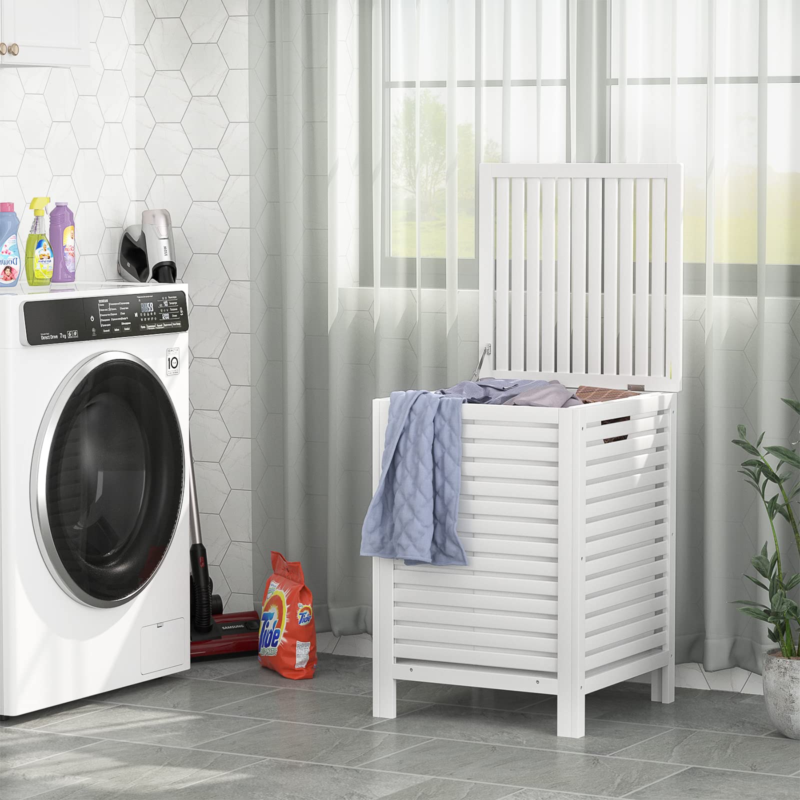 Homykic lid open with hinge for easy access and concealed laundry