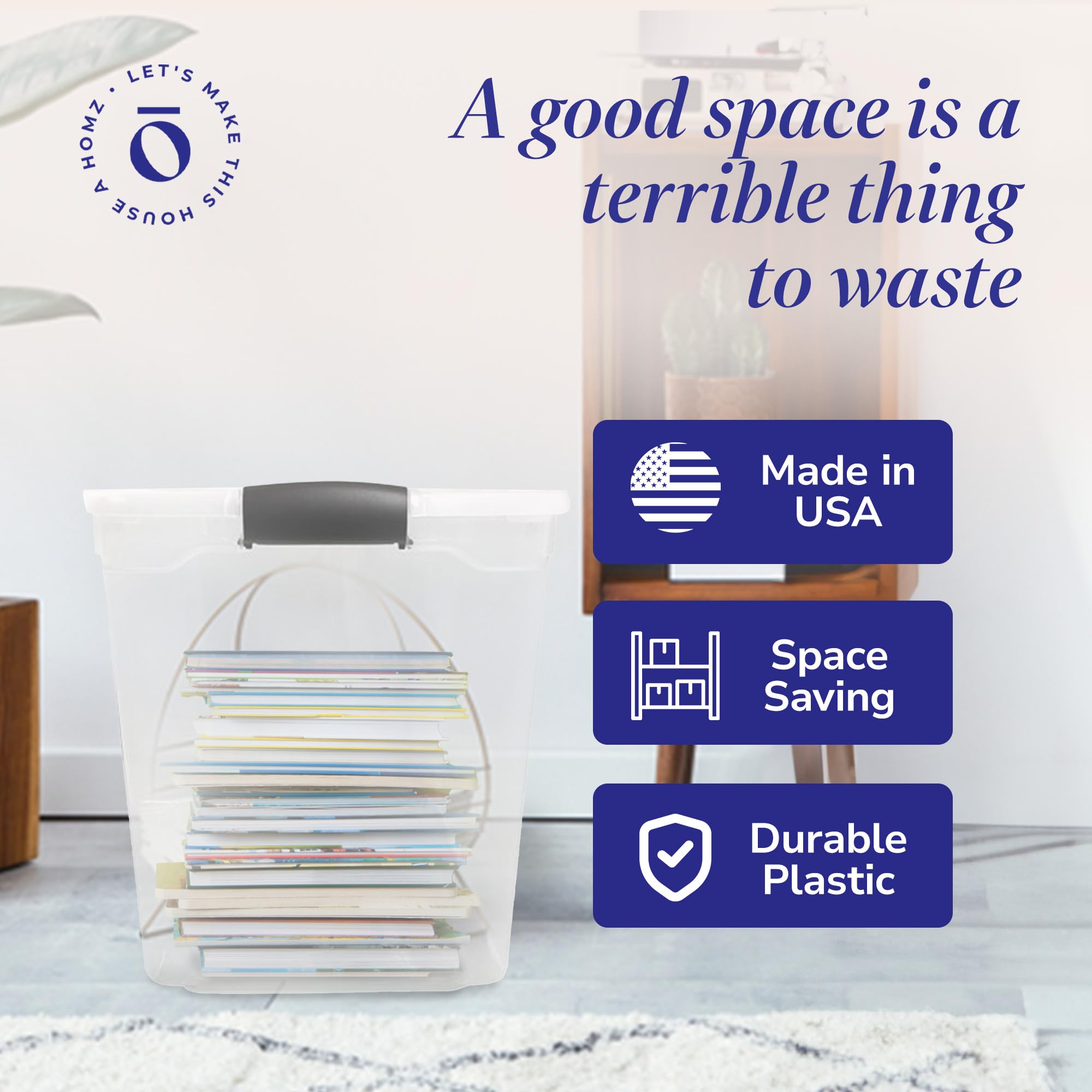 HOMZ bins stacked in closet showing space-saving vertical storage benefit