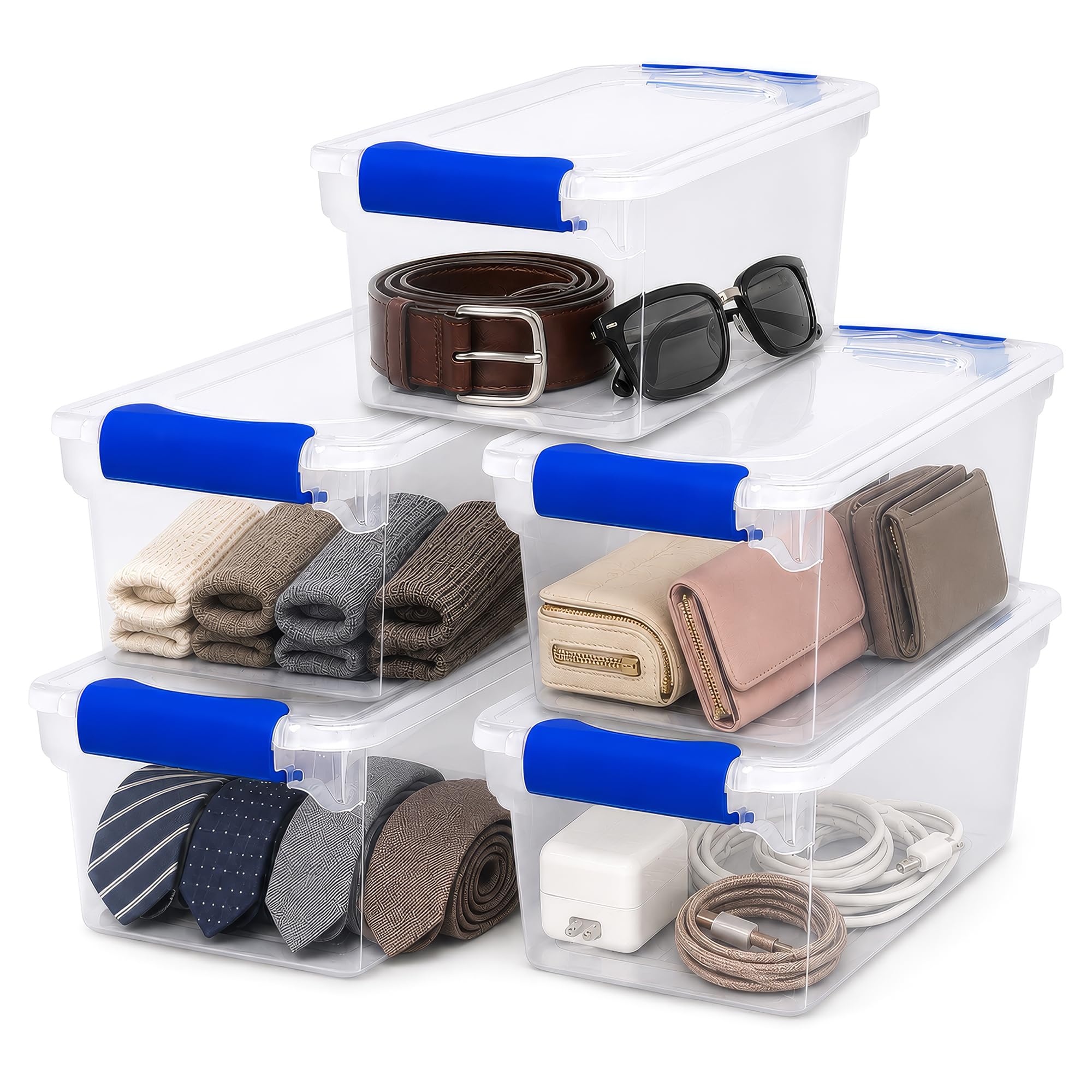 HOMZ front view of clear 7.5 qt bin showing shape and blue tint for easy identification
