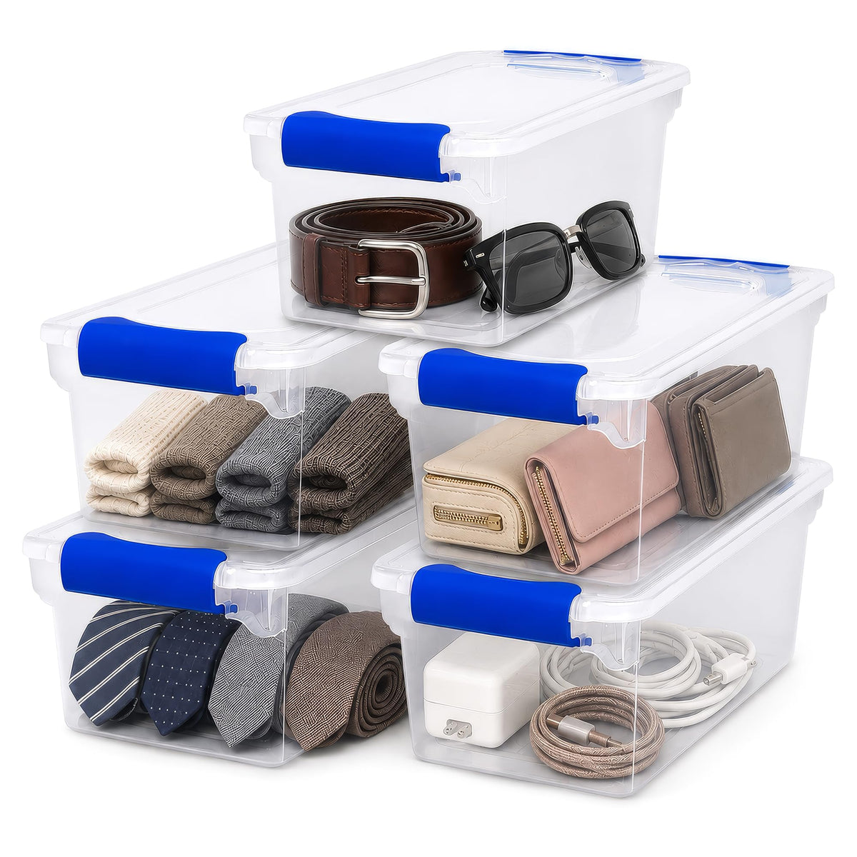 HOMZ front view of clear 7.5 qt bin showing shape and blue tint for easy identification