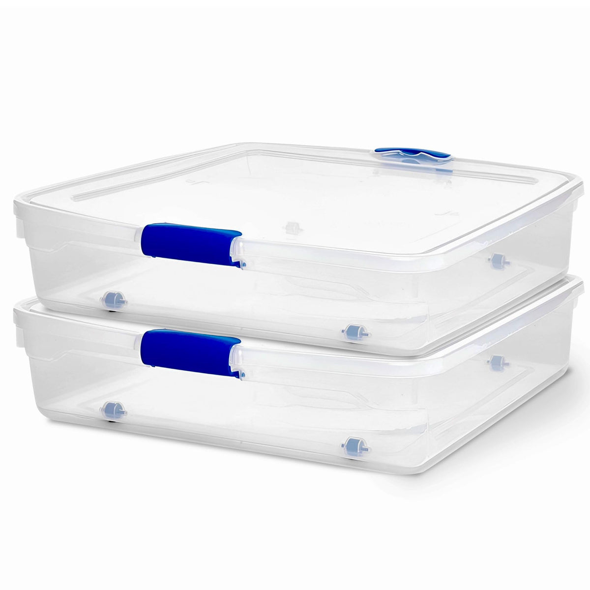 HOMZ front view of clear under-bed bin showing neat storage benefit