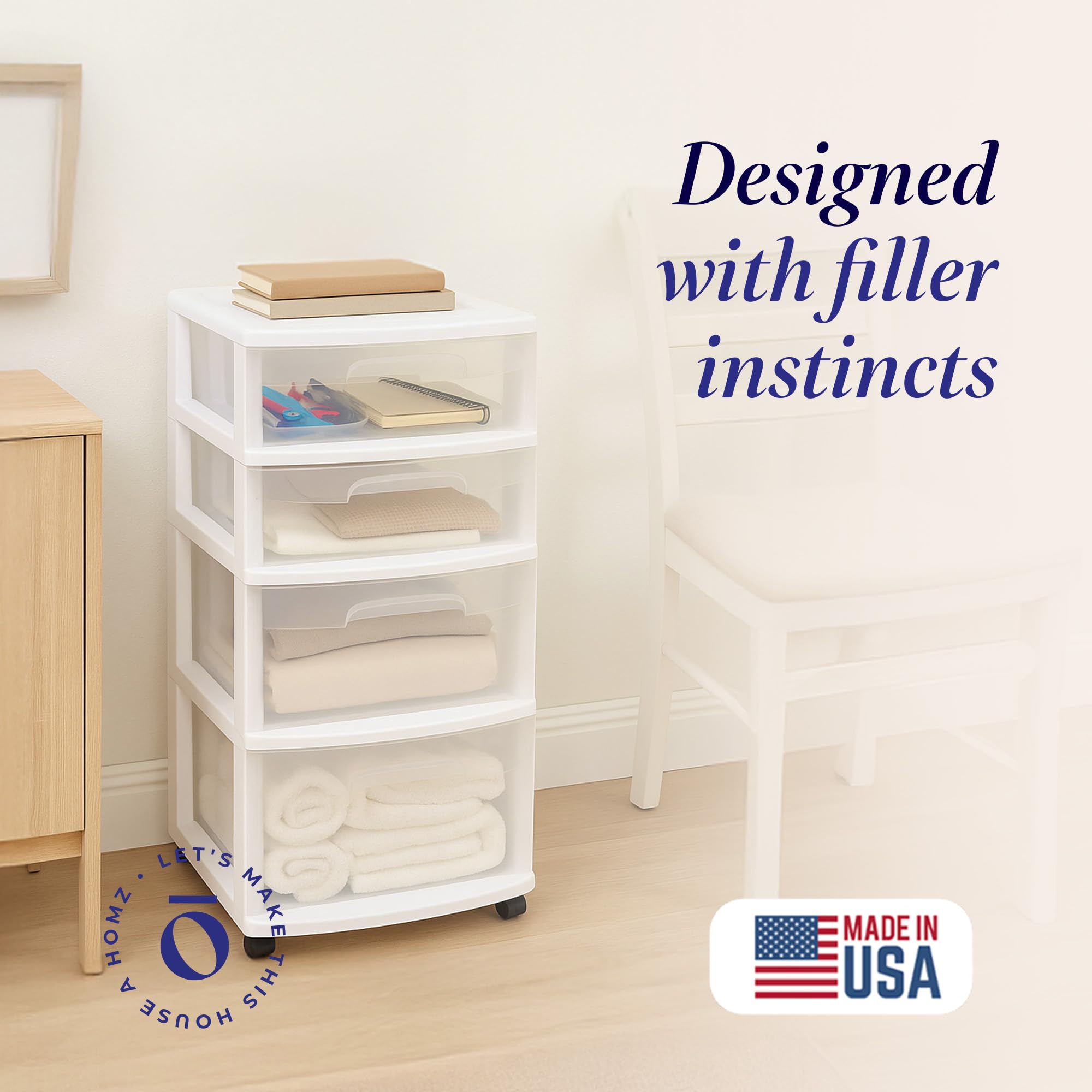 HOMZ drawer open displaying smooth glide and organized storage benefit