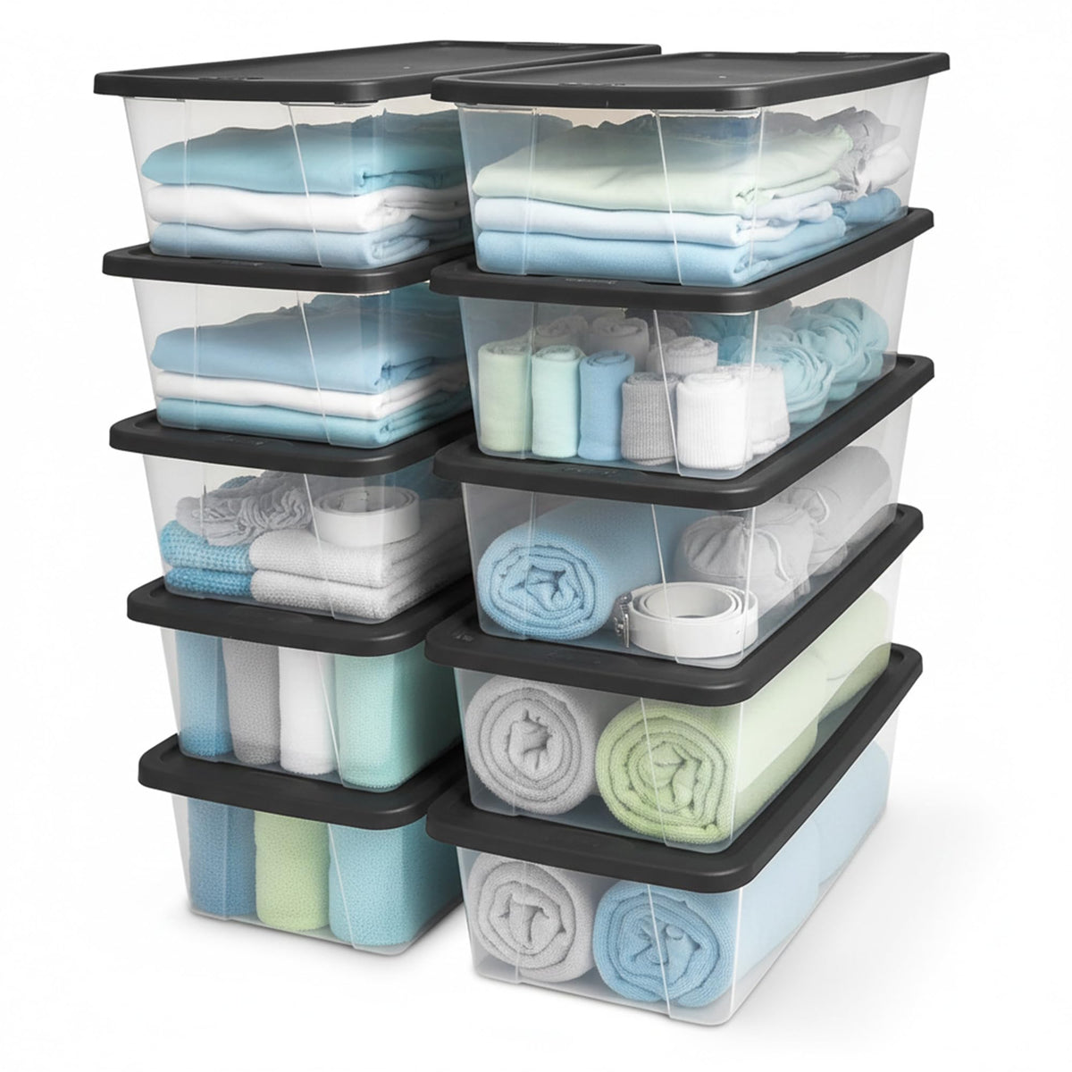 HOMZ front view of 10-pack clear bins showing organized storage benefit
