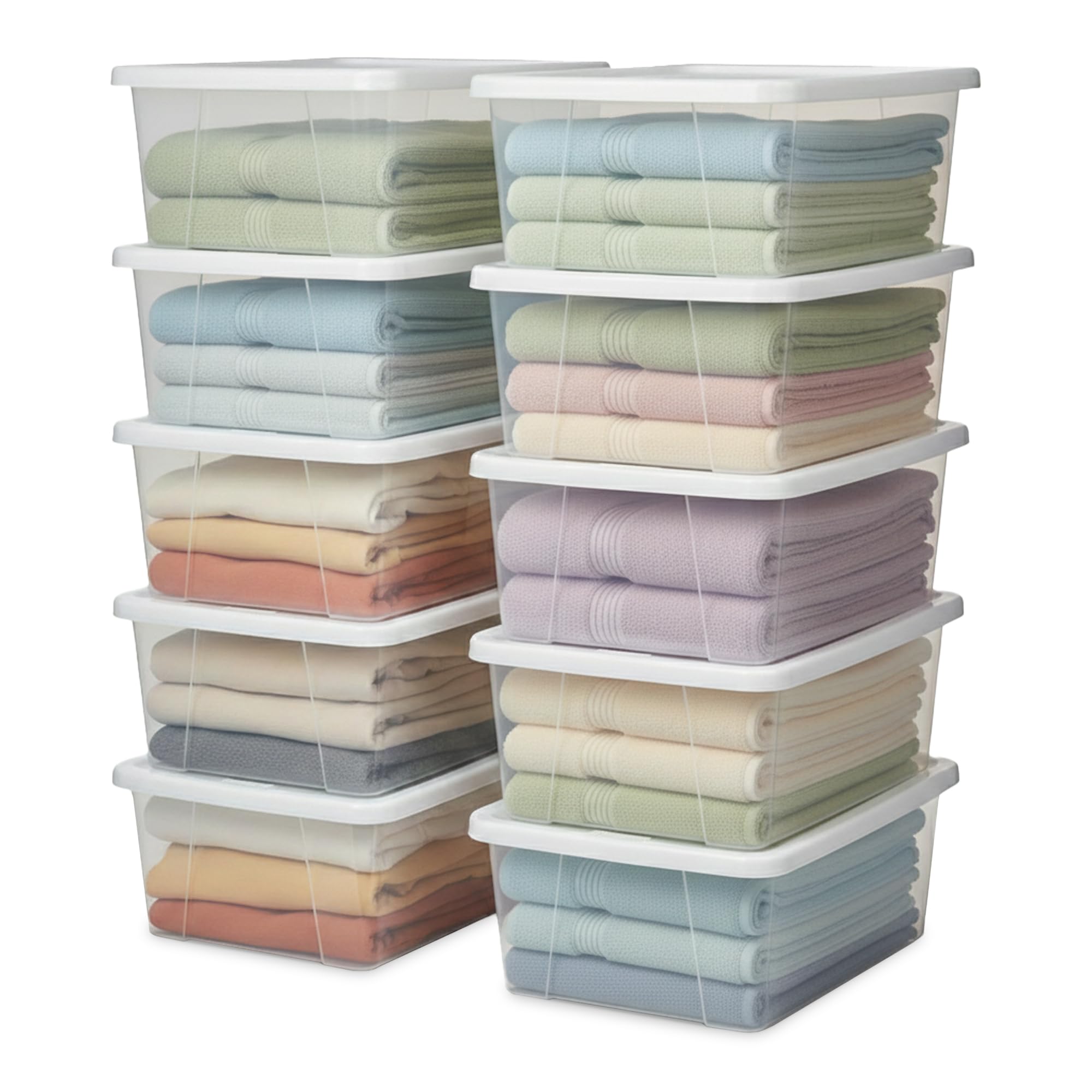 HOMZ front view of 10 pack showing clear bins and white snaplock lids, tidy storage benefit