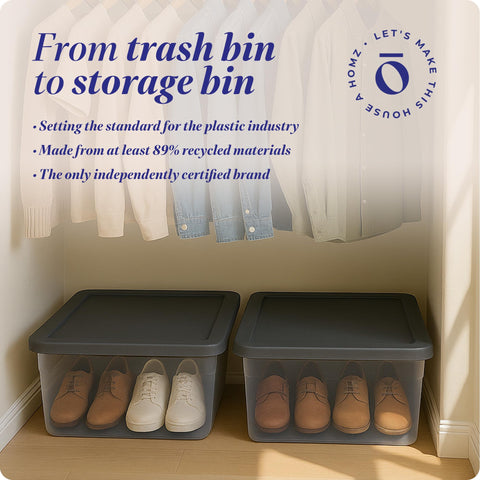 HOMZ bins in a garage setting organizing tools and supplies for easy retrieval benefit