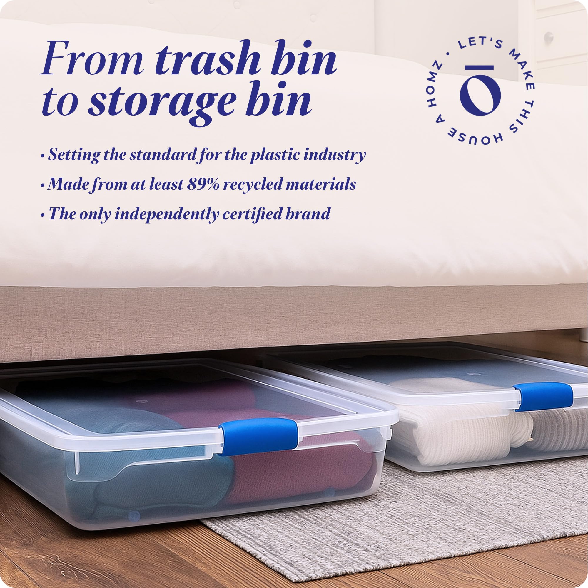 HOMZ person pulling bin from under bed for easy access benefit