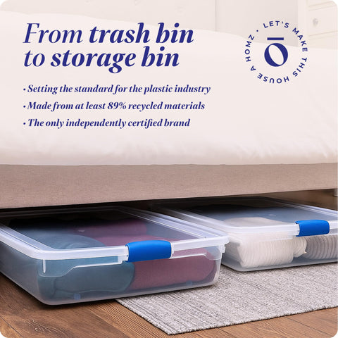 HOMZ person pulling bin from under bed for easy access benefit