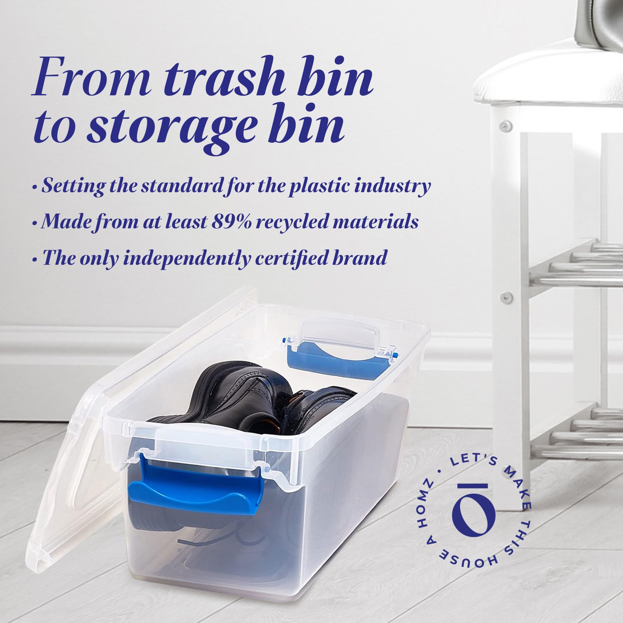 HOMZ recycled materials label on bin highlighting sustainable 90% recycled plastic