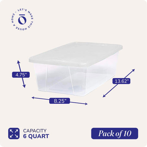 HOMZ stacked bins on shelving illustrating stable vertical storage and space saving