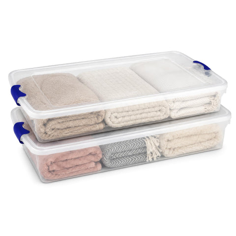 HOMZ front view of two 60‑quart under‑bed bins showing clear body and blue latches for visible storage