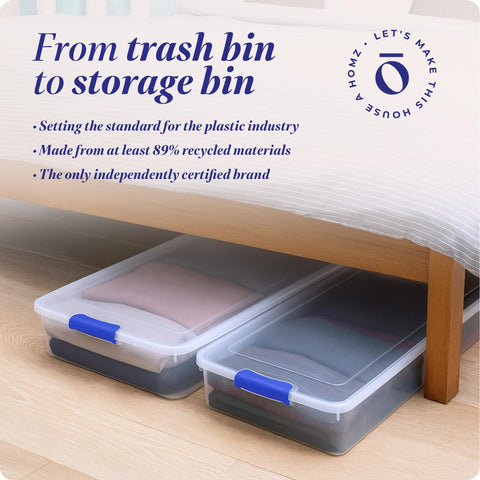 HOMZ recycled material badge on plastic emphasizing eco-friendly construction benefit