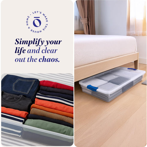 HOMZ two bins stacked next to a ruler showing scale and stackable storage convenience