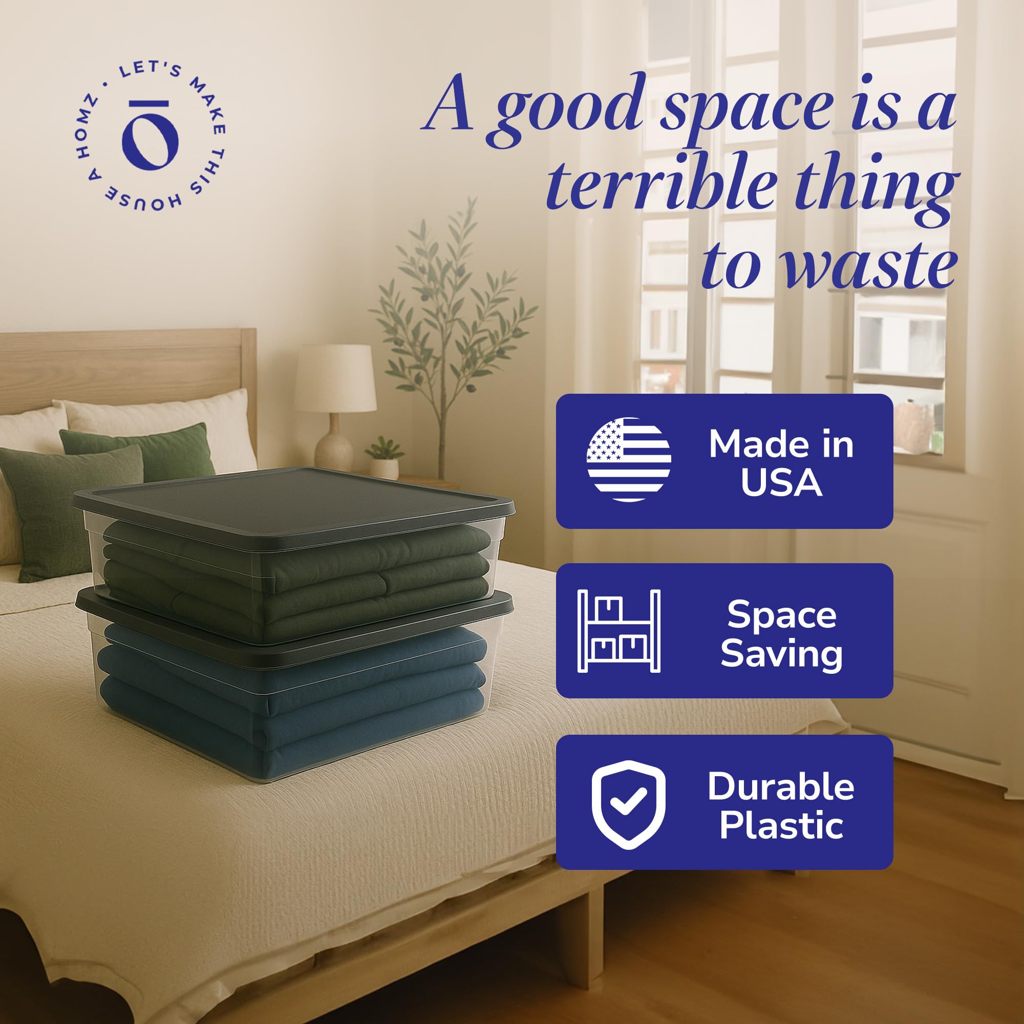 HOMZ bin under bed with size comparison showing low-profile space-saving benefit