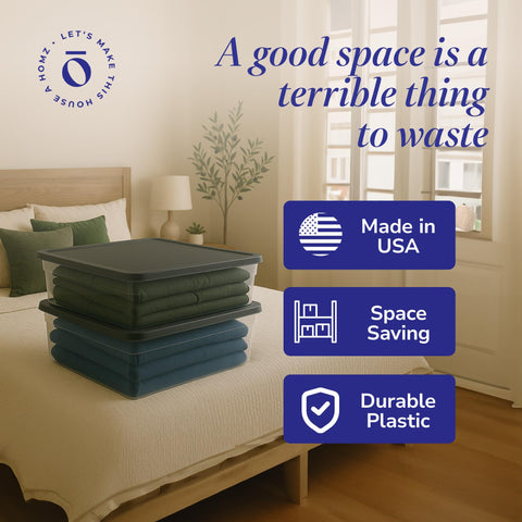 HOMZ bin under bed with size comparison showing low-profile space-saving benefit