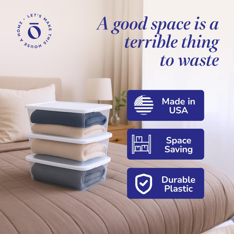 HOMZ under bed placement showing slim fit and out of sight storage benefit
