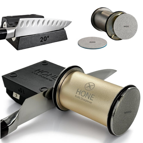 HONE front view of rolling sharpener showing stable base and discs for reliable sharpening