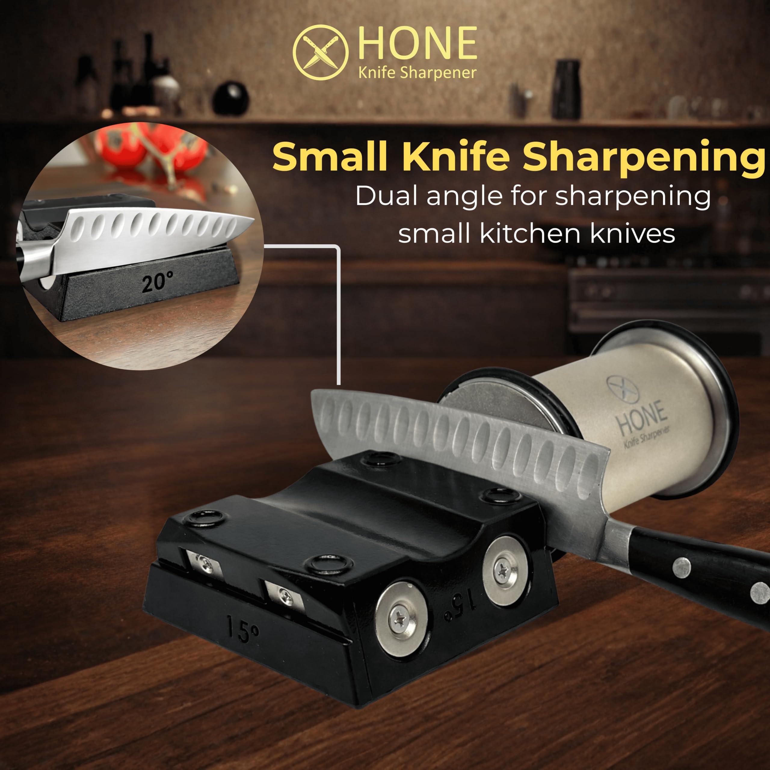 HONE roller with ball-bearing detail showing smooth rotation for consistent sharpening