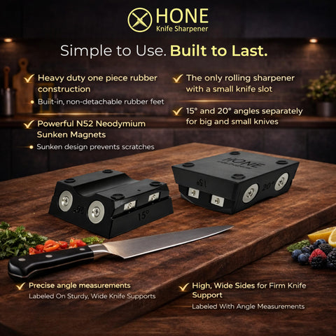 HONE next to a chef knife for size comparison showing compact, countertop-friendly design