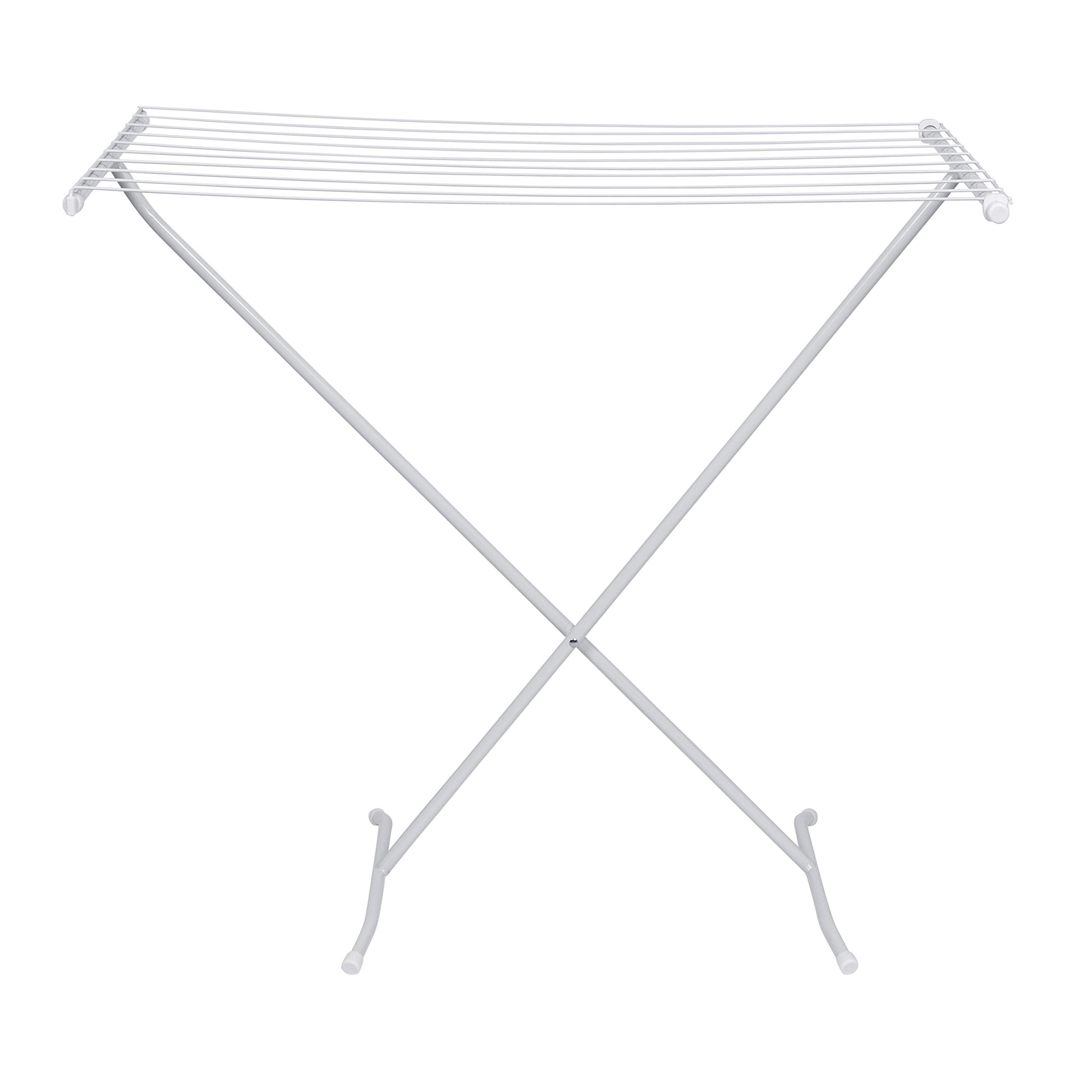Honey-Can-Do rack on a patio for outdoor air-drying and faster evaporation