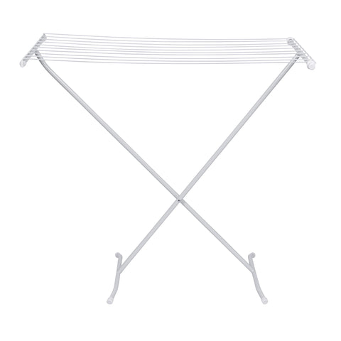 Honey-Can-Do rack on a patio for outdoor air-drying and faster evaporation