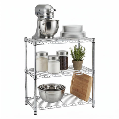 Honey-Can-Do chrome three-tier shelf front view showing sturdy construction and capacity