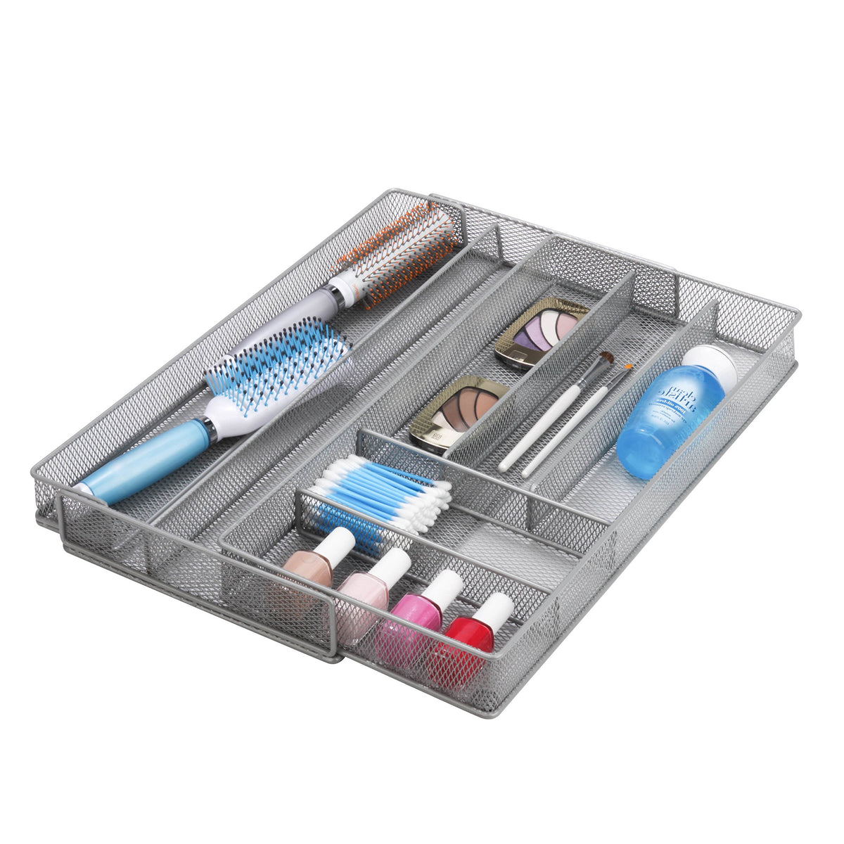 Honey-Can-Do front view of silver expandable drawer organizer showing seven compartments and benefits