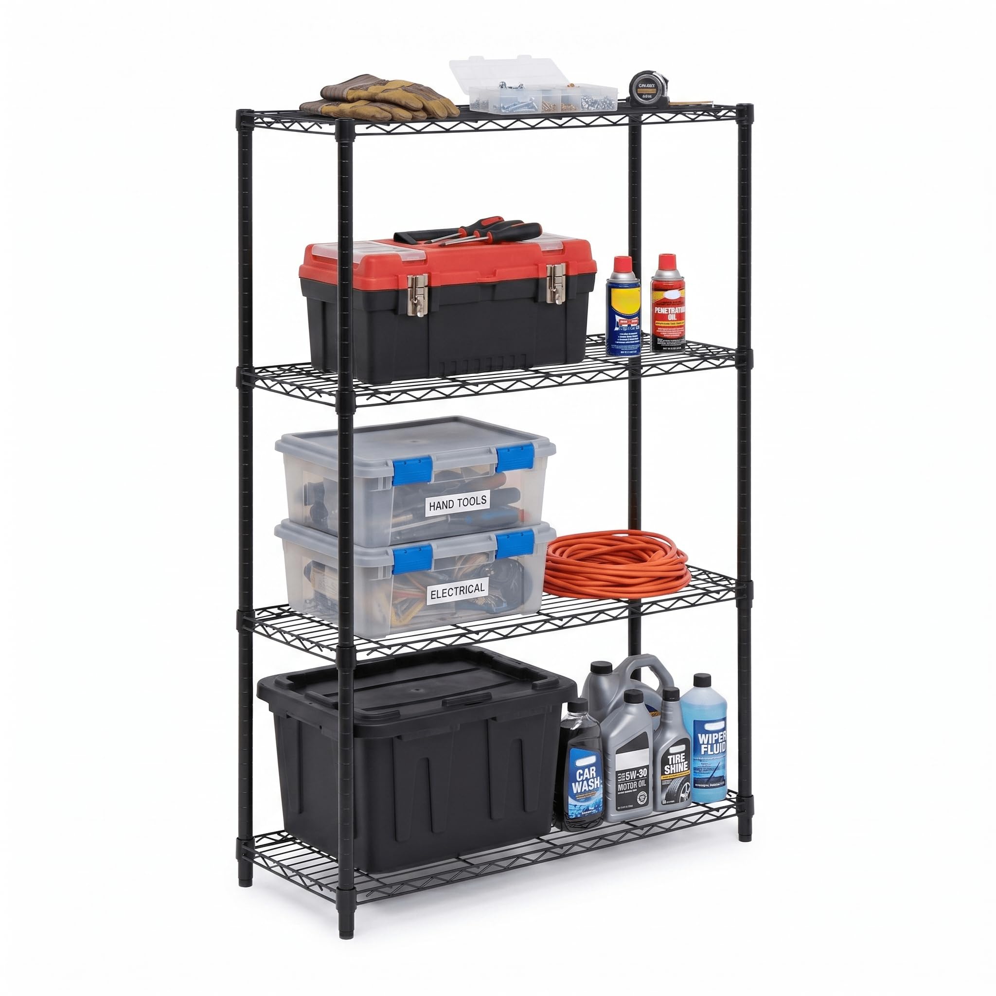 Honey-Can-Do front view of 4-tier shelf shows compact strong storage