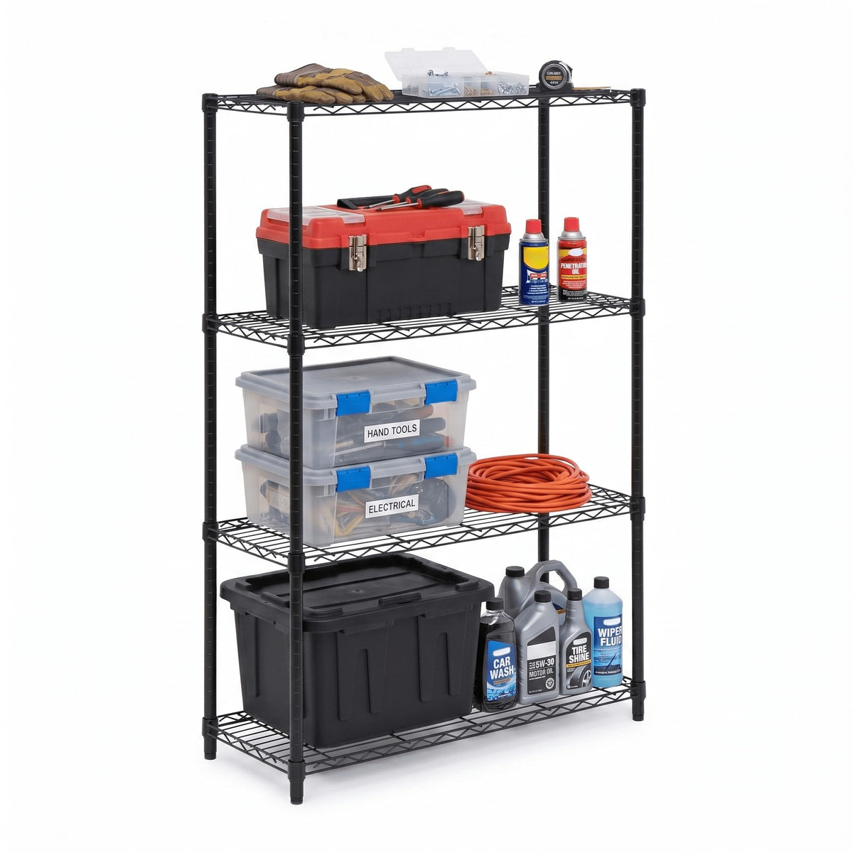 Honey-Can-Do front view of 4-tier shelf shows compact strong storage