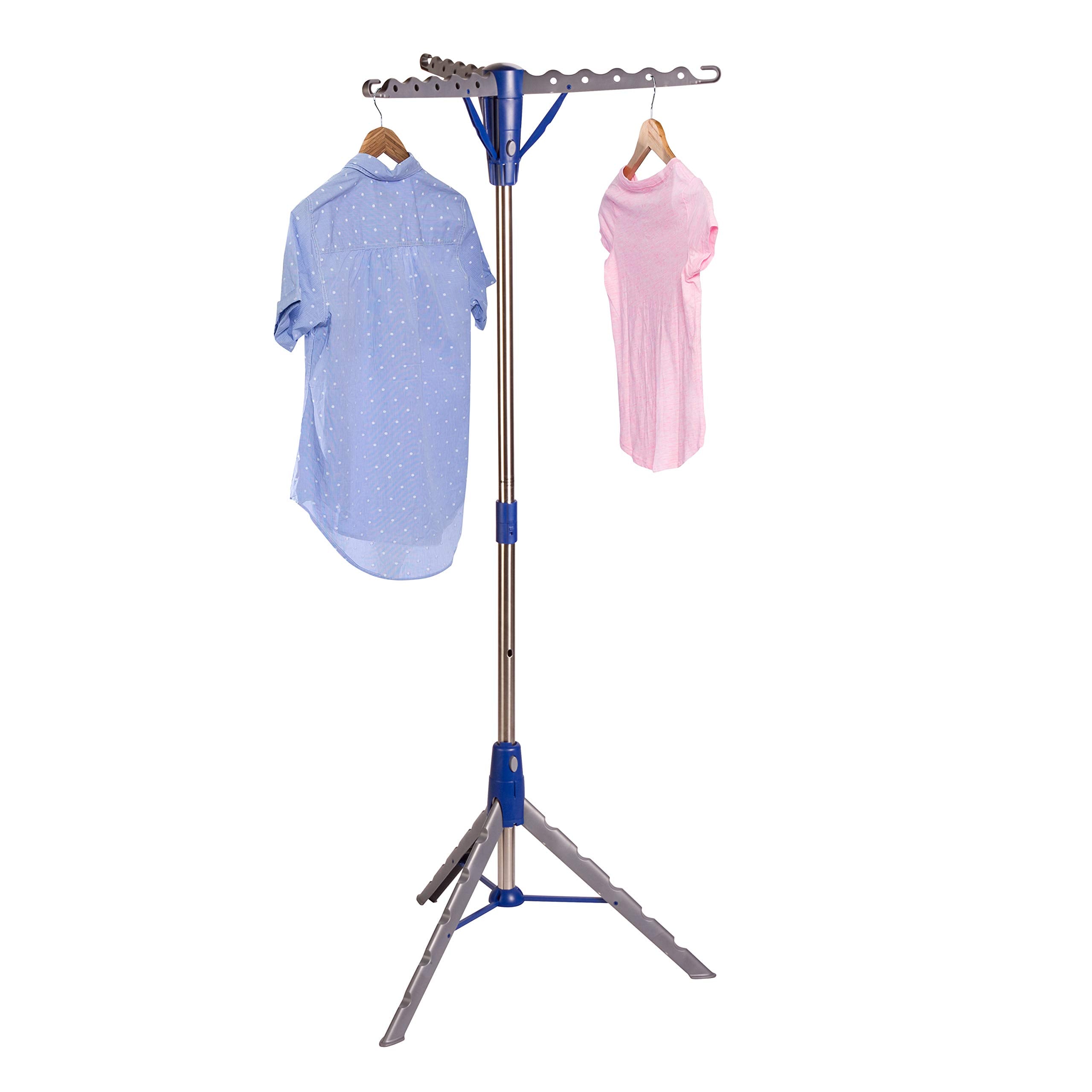 Honey-Can-Do front view of blue 64-inch rack showing hanging capacity and organized drying