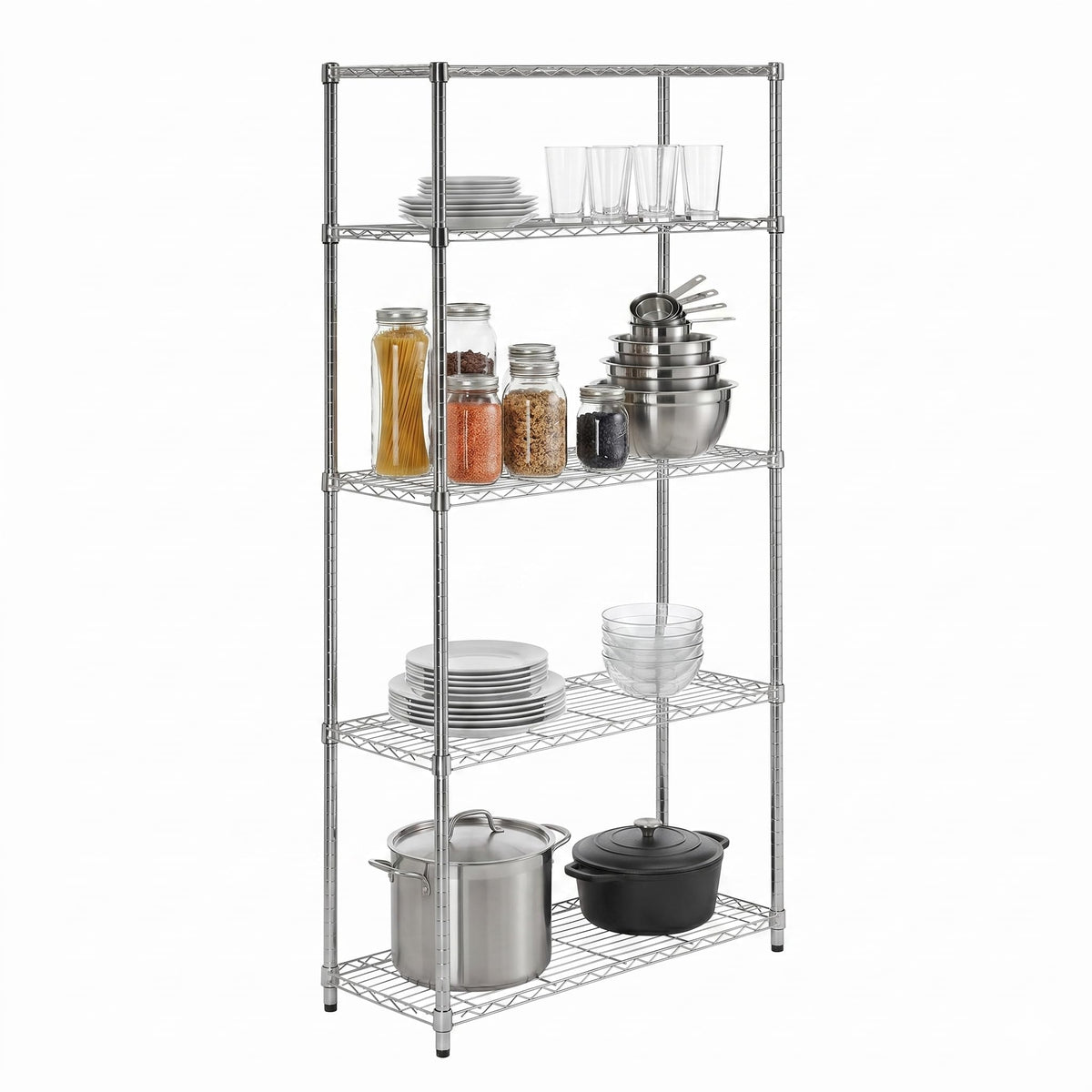 Honey-Can-Do front view chrome shelving showing five sturdy tiers and polished finish for organized storage